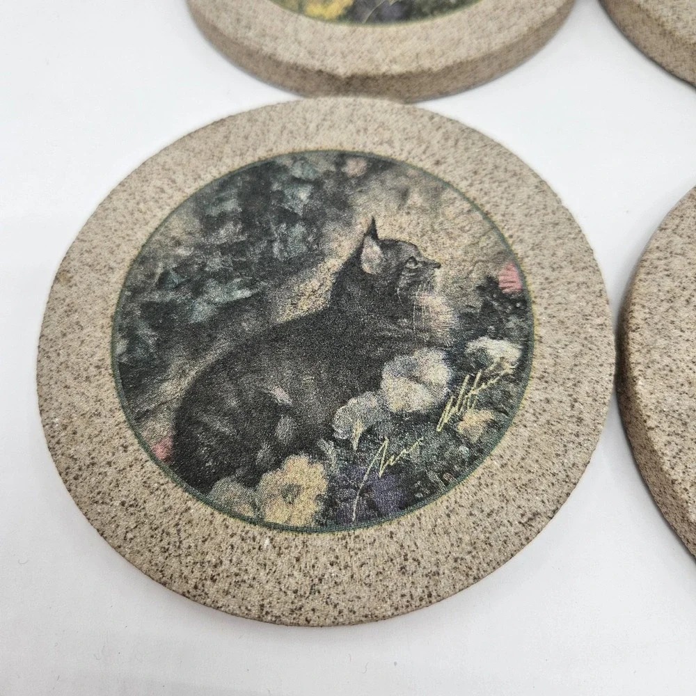 4 Vintage Cat Coasters Natural Sandstone Cork Back *heavy* Grandma Core